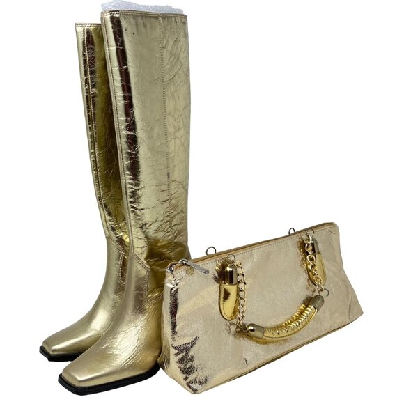 Vince Camuto Sangeti Tall Leather Boots Metallic Gold Stacked Heel Sz 5M + Bonus
